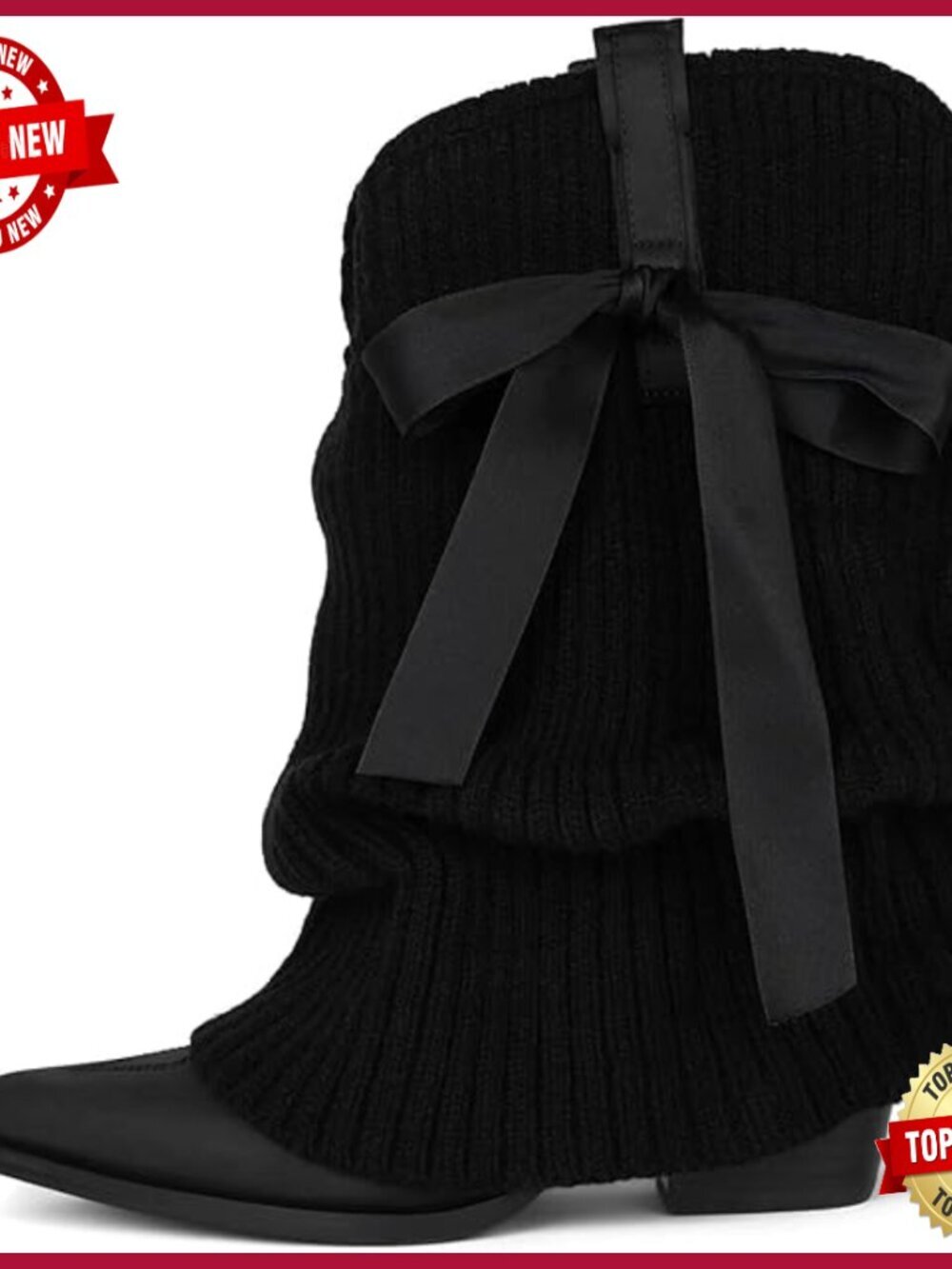 Knitted Slouchy Cowboy Boots Fold Over Western Mid Calf Booties Chunky Heel